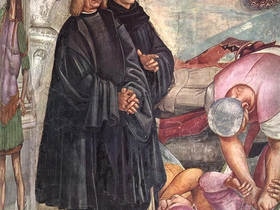 La predicazione dell'Anticristo, part. Ritratto Signorelli e Angelico, Luca Signorelli, Cappella Brizio, Orvieto