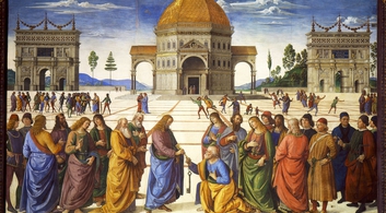 "<a href="https://commons.wikimedia.org/wiki/File:Entrega_de_las_llaves_a_San_Pedro_(Perugino).jpg#/media/File:Entrega_de_las_llaves_a_San_Pedro_(Perugino).jpg">Entrega de las llaves a San Pedro (Perugino)</a>" di <a href="//it.wikipedia.org/wiki/Perugino