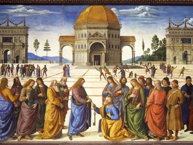 "<a href="https://commons.wikimedia.org/wiki/File:Entrega_de_las_llaves_a_San_Pedro_(Perugino).jpg#/media/File:Entrega_de_las_llaves_a_San_Pedro_(Perugino).jpg">Entrega de las llaves a San Pedro (Perugino)</a>" di <a href="//it.wikipedia.org/wiki/Perugino