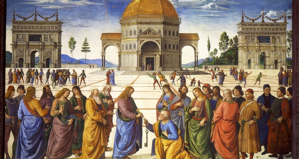 "<a href="https://commons.wikimedia.org/wiki/File:Entrega_de_las_llaves_a_San_Pedro_(Perugino).jpg#/media/File:Entrega_de_las_llaves_a_San_Pedro_(Perugino).jpg">Entrega de las llaves a San Pedro (Perugino)</a>" di <a href="//it.wikipedia.org/wiki/Perugino